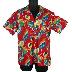 Vintage 80s Marc Daniels Hawaiian Shirt Size M Red Loud Beach Surf Sunglasses